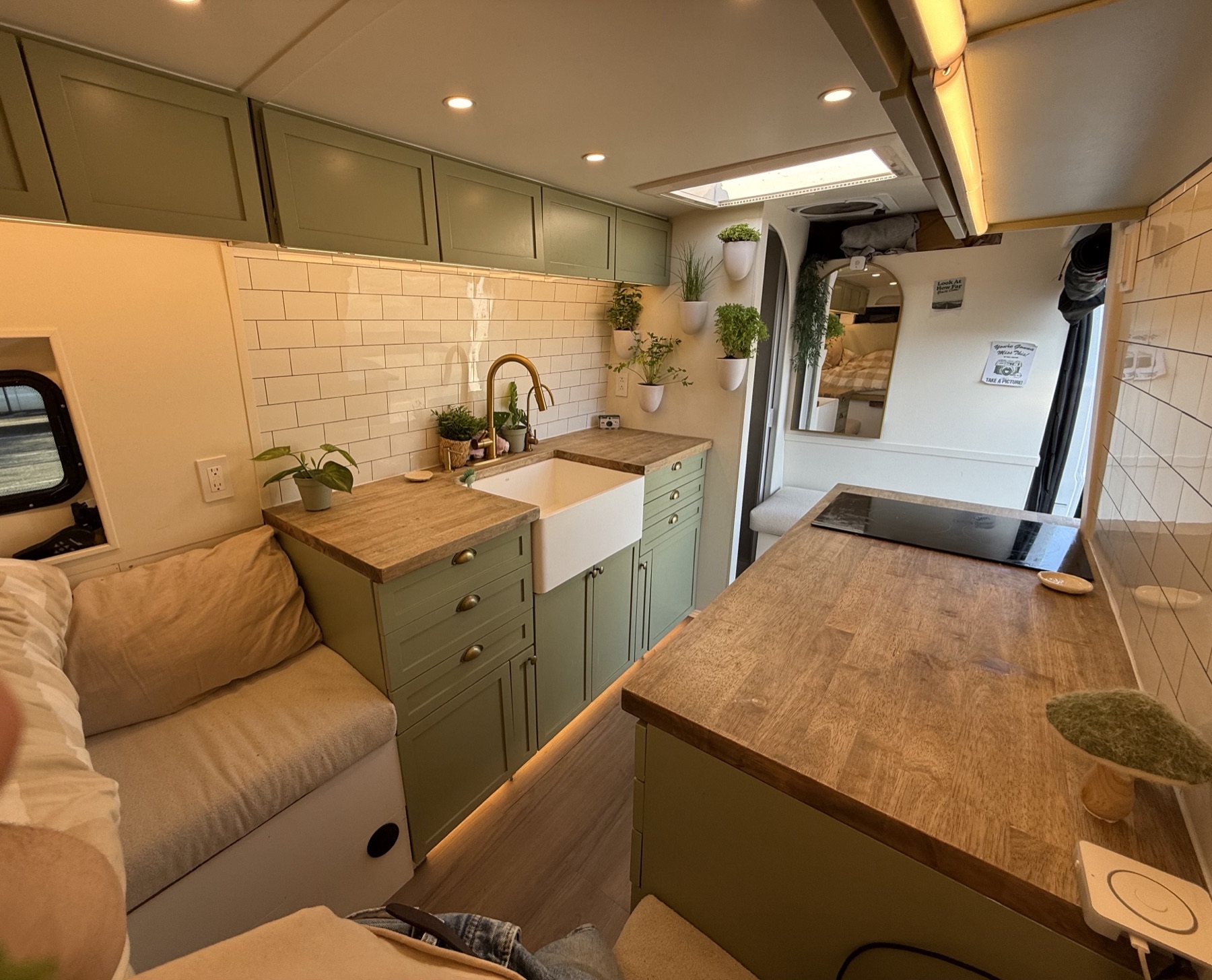 Wide view of the finished van kitchen and living space